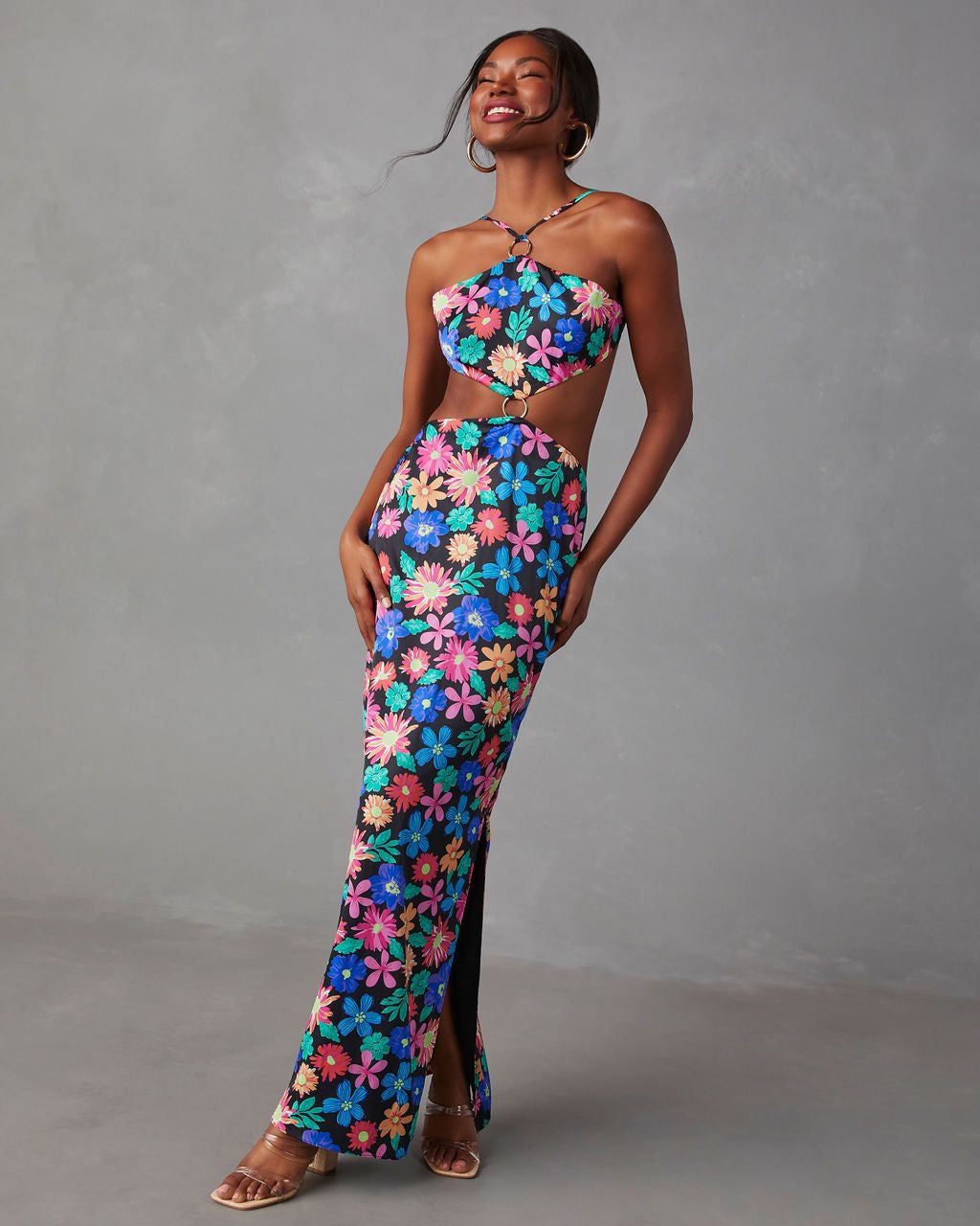 In Bloom Cutout Halter Maxi Dress - Blue/Multi - FINAL SALE sold by Vici