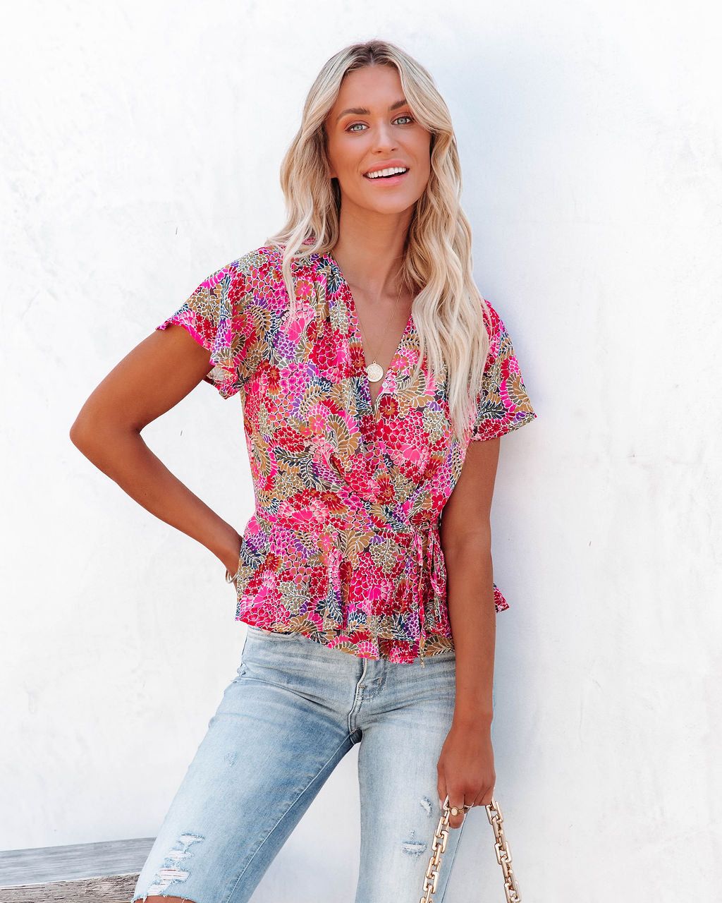 Villa For The Summer Floral Wrap Top sold by Vici