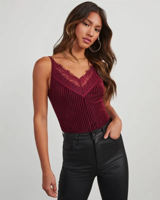 Dayna Lace Trim Velvet Bodysuit made by Vici
