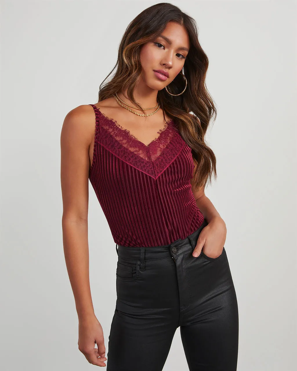 Dayna Lace Trim Velvet Bodysuit sold by Vici