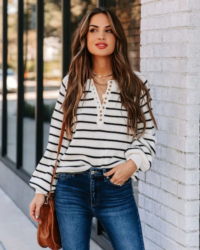Rylie Cotton Blend Striped Henley Sweater - Ivory - FINAL SALE sold by Vici
