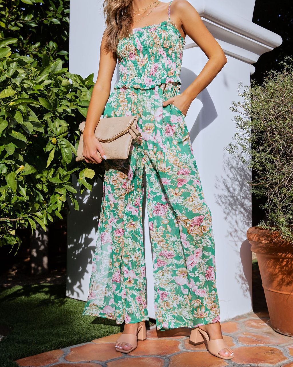 Fiore Floral Smocked Pocketed Slit Jumpsuit sold by Vici product image thumbnail 2