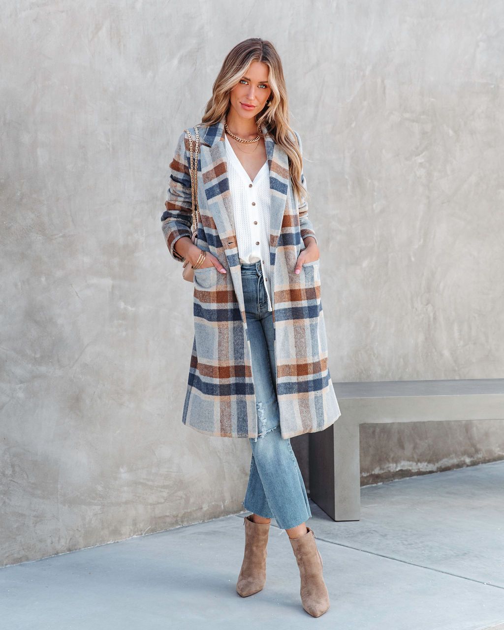 Brisk Rain Strolls Pocketed Plaid Coat sold by Vici