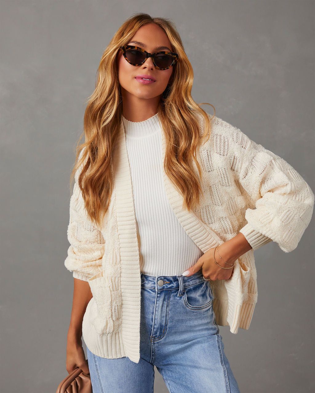 Empire Checkered Cardigan - Cream sold by Vici product image thumbnail 2