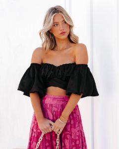 Aspiring Satin Off The Shoulder Crop Top - Black - SALE sold by Vici