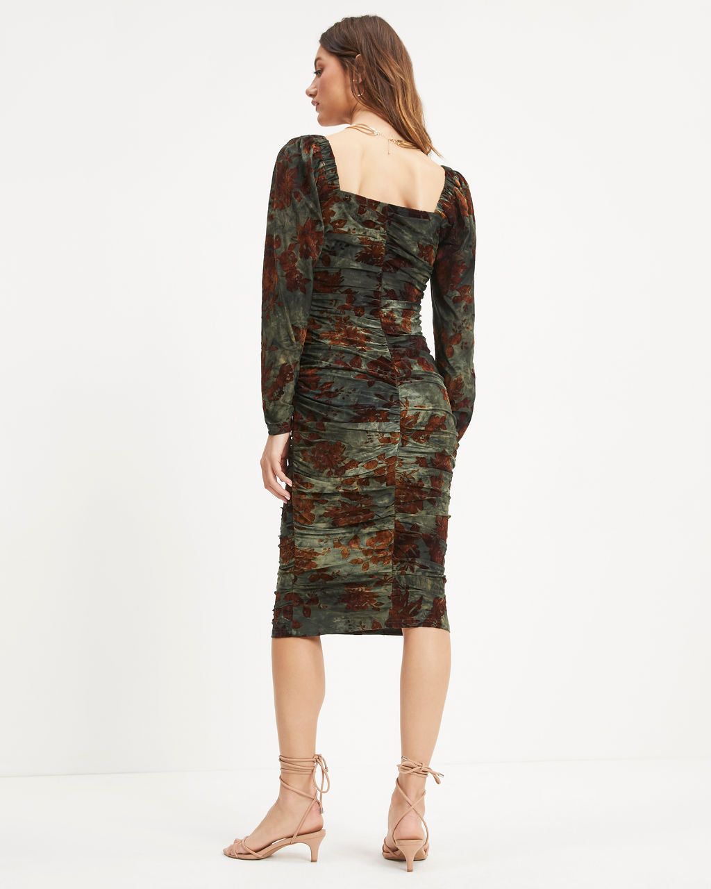 Cheers To Me Ruched Floral Velvet Midi Dress - Olive - LAST CHANCE sold by Vici product image thumbnail 4