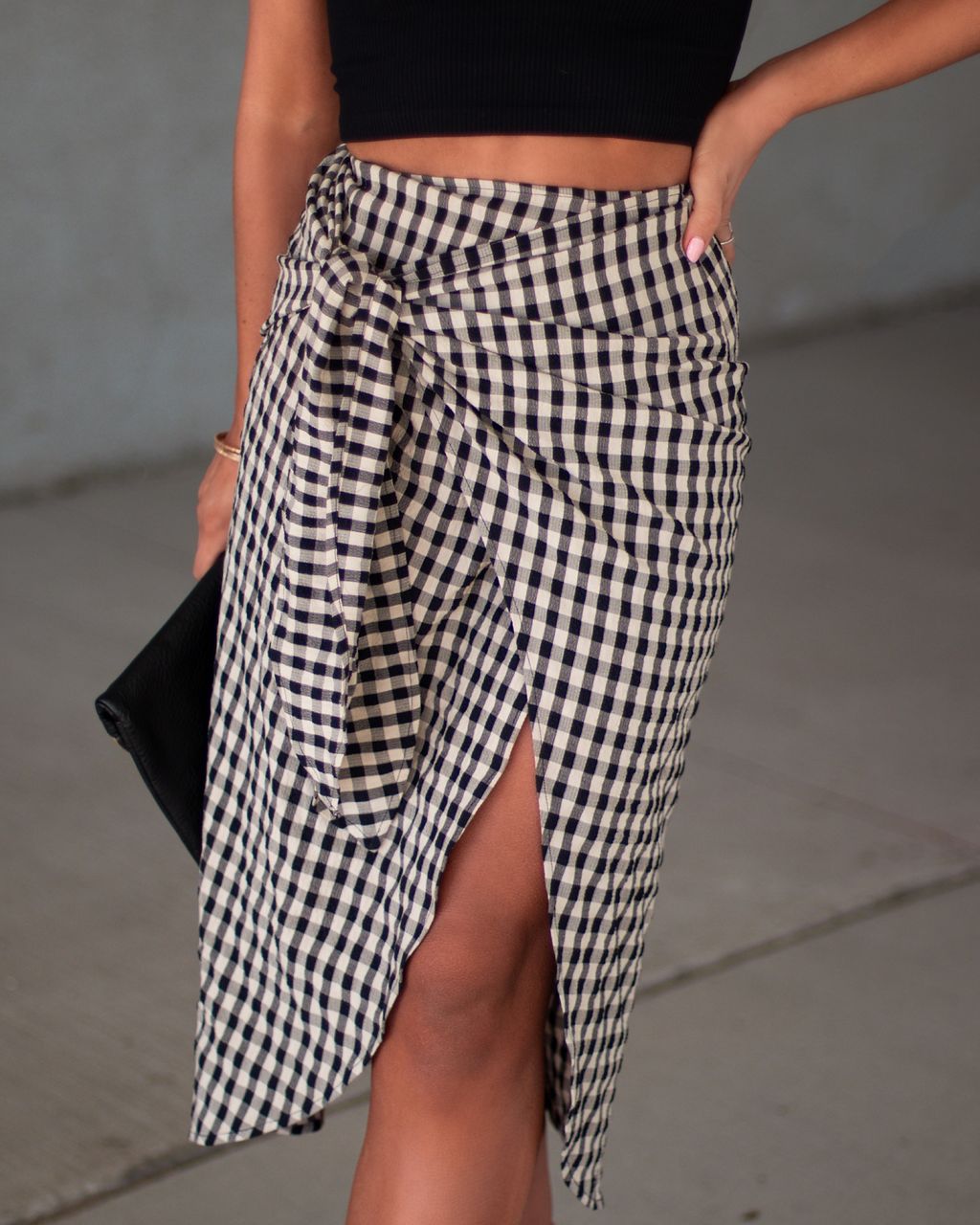 Good Kind Gingham Textured Side Tie Midi Skirt sold by Vici product image thumbnail 2