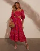 Iris Smocked Puff Sleeve Cutout Midi Dress sold by Vici