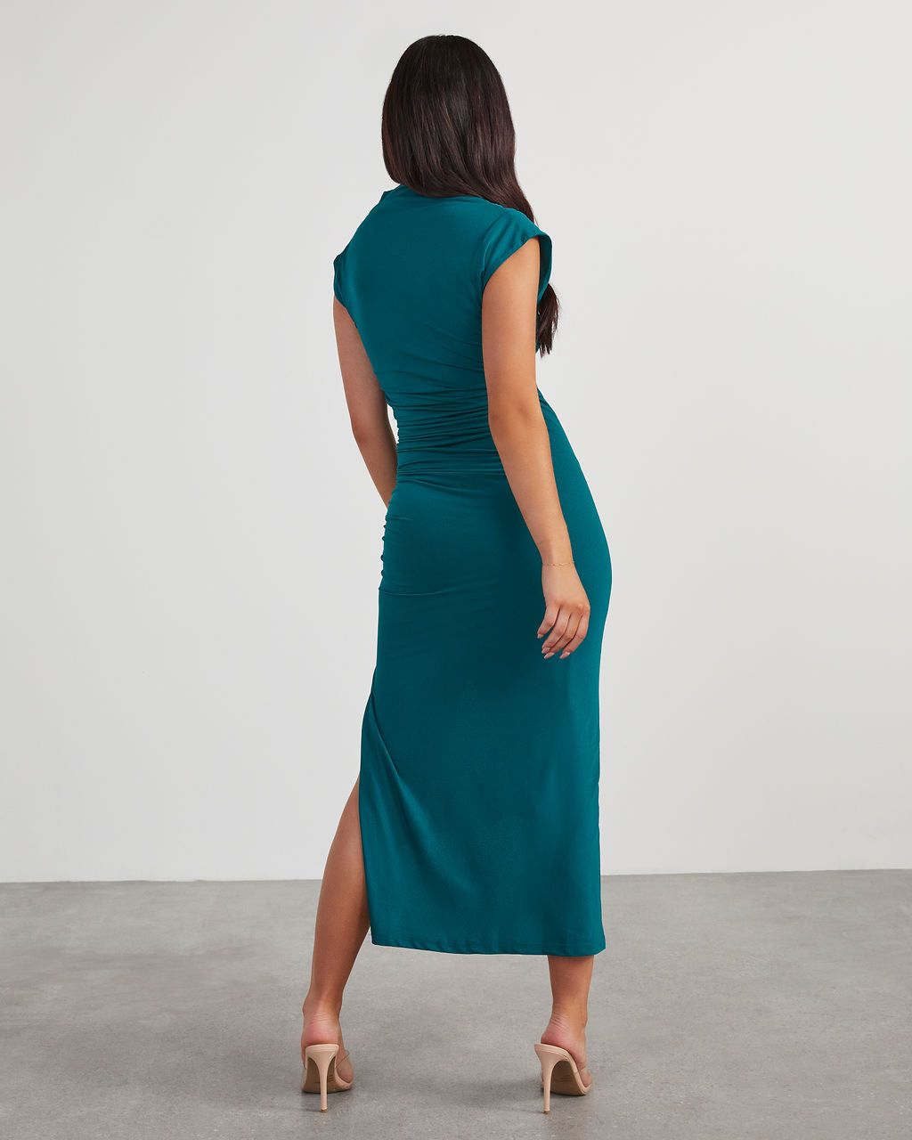 Elisabeth Mock Neck Side Slit Ruched Midi Dress - Emerald sold by Vici product image thumbnail 4
