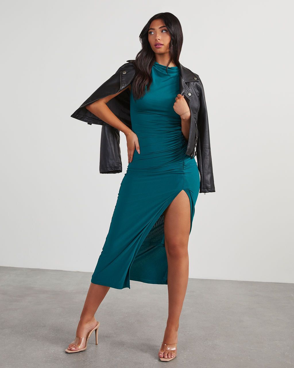 Elisabeth Mock Neck Side Slit Ruched Midi Dress - Emerald sold by Vici product image thumbnail 2