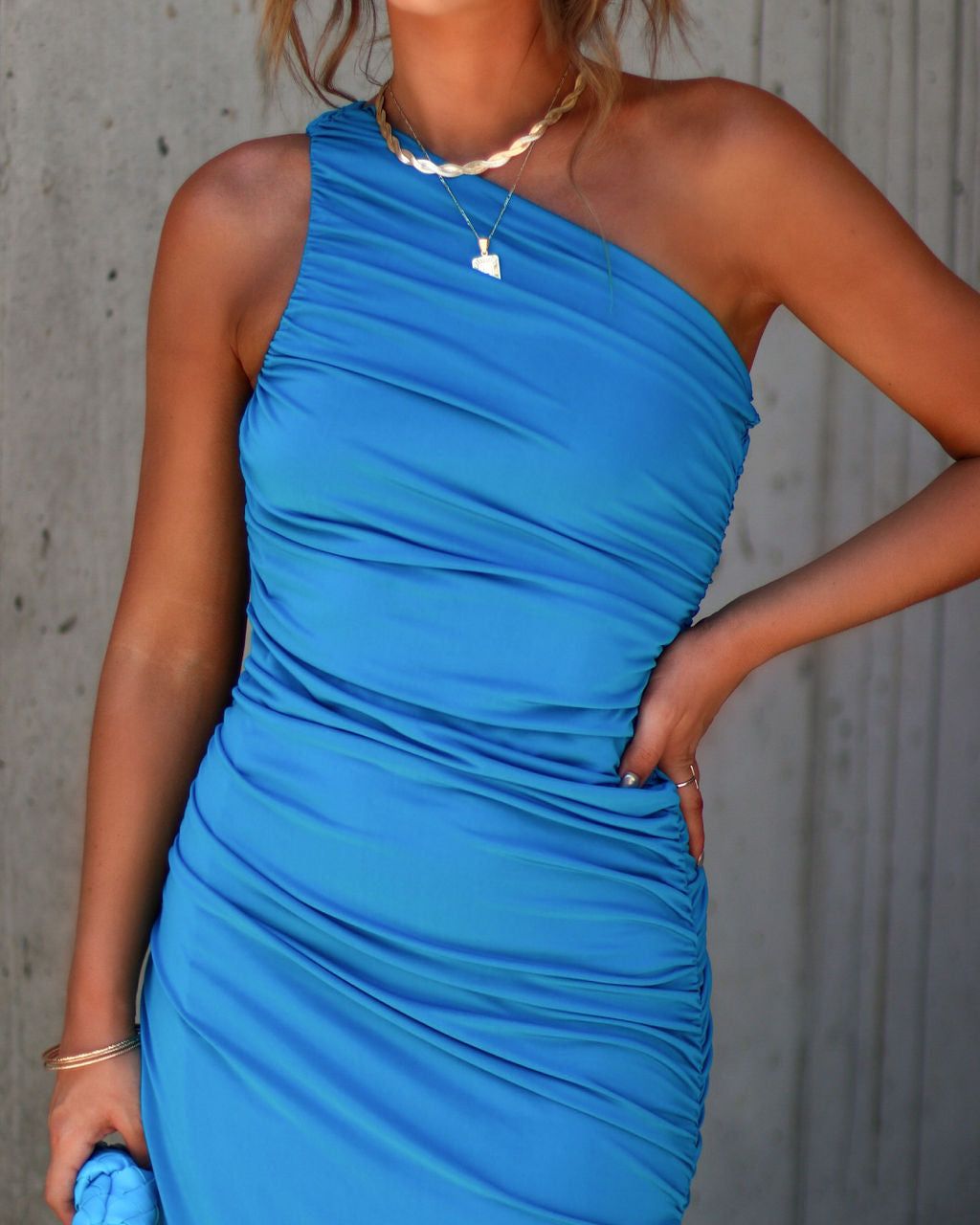 Ortega One Shoulder Ruched Midi Dress - Blue - SALE sold by Vici product image thumbnail 3