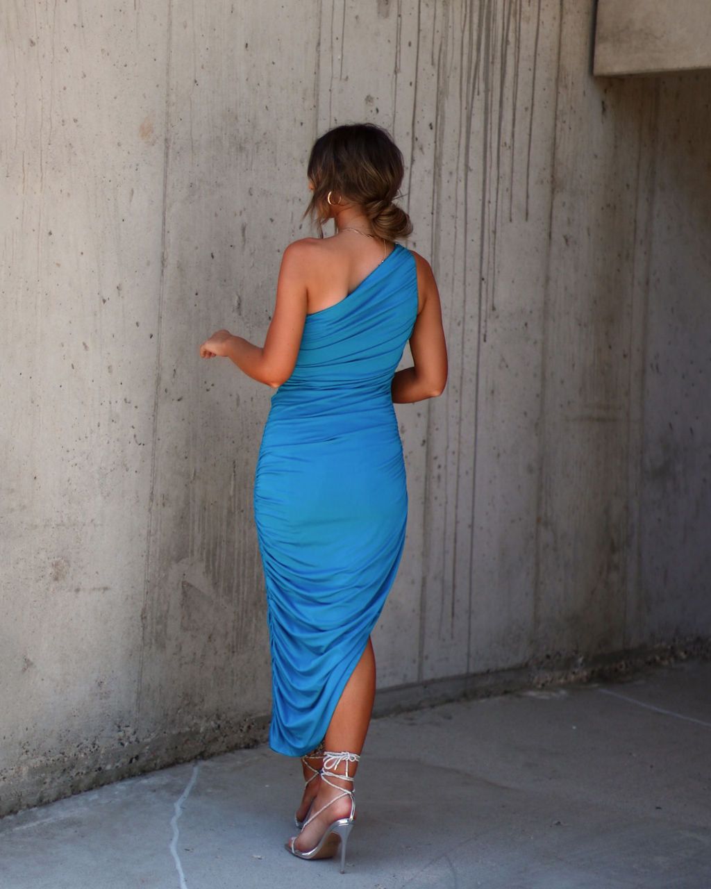 Ortega One Shoulder Ruched Midi Dress - Blue - SALE sold by Vici product image thumbnail 2