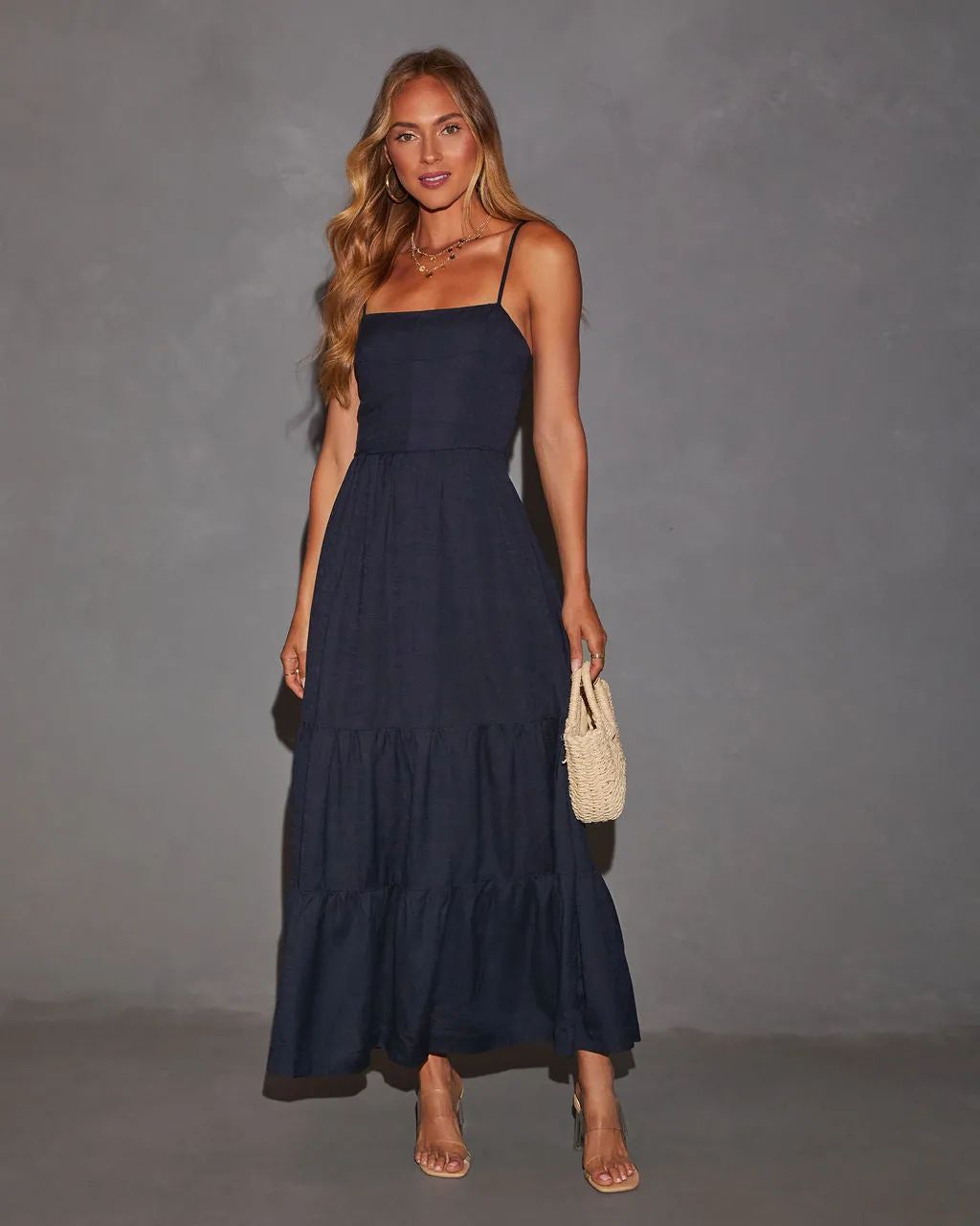 Darlene Linen Tiered Back Cutout Maxi Dress sold by Vici