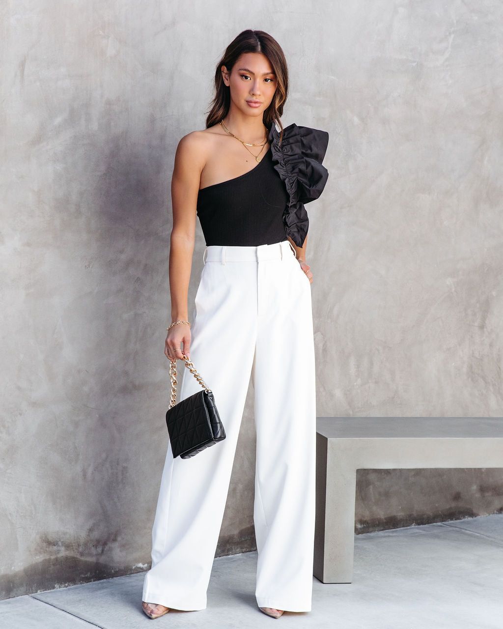 Statement Maker Ribbed One Shoulder Ruffle Bodysuit sold by Vici