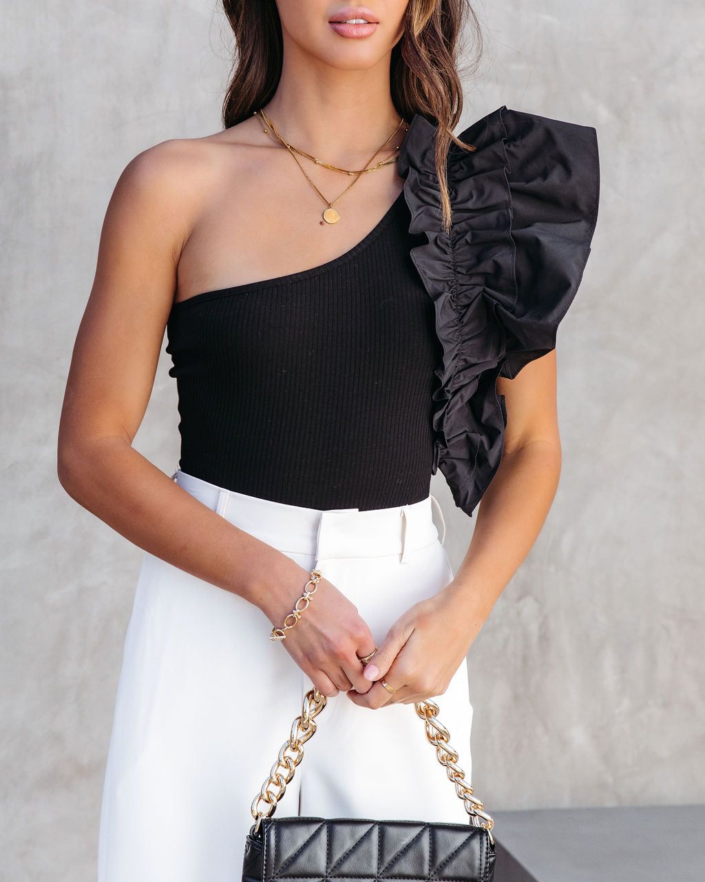 Statement Maker Ribbed One Shoulder Ruffle Bodysuit sold by Vici product image thumbnail 3
