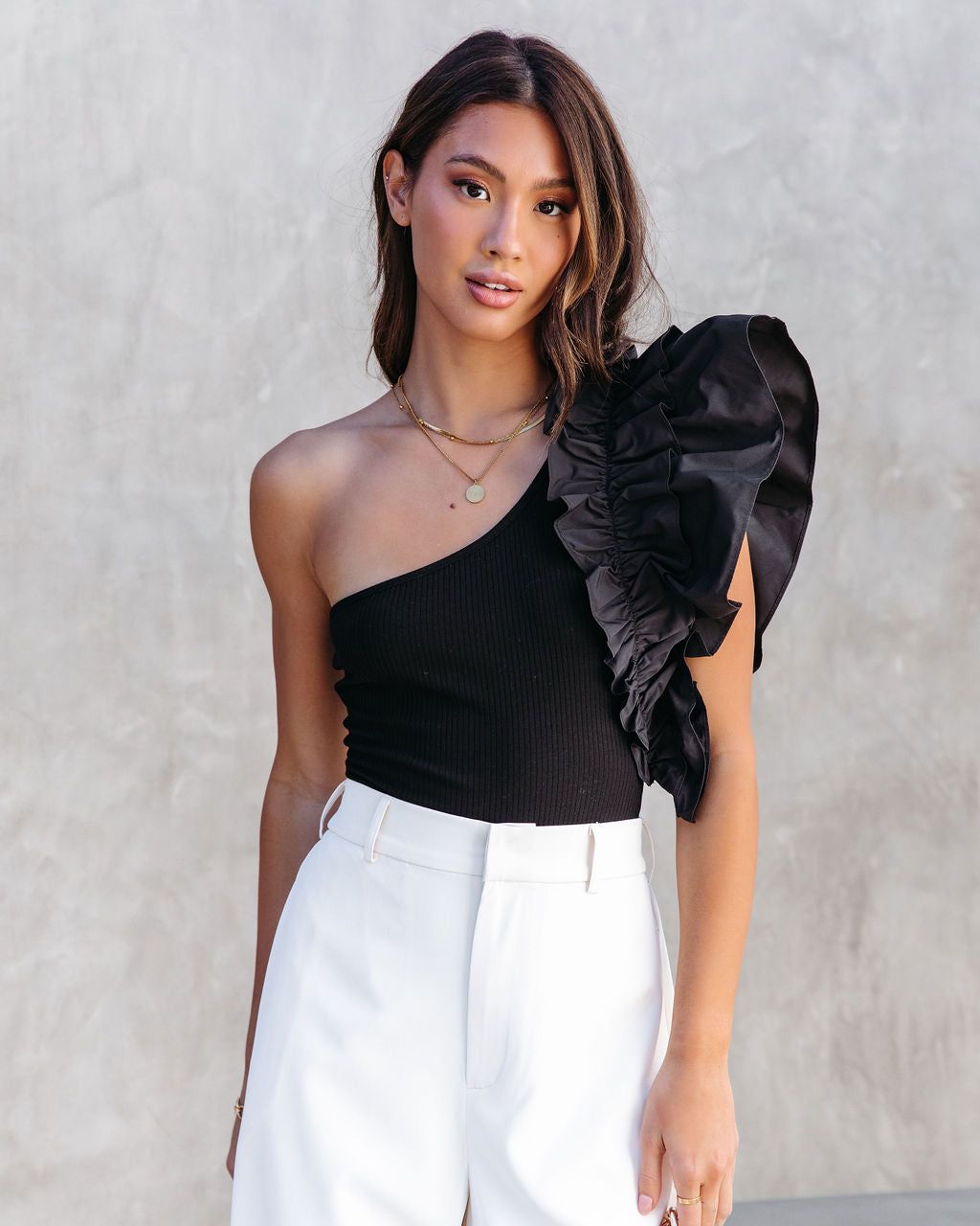 Statement Maker Ribbed One Shoulder Ruffle Bodysuit sold by Vici product image thumbnail 2