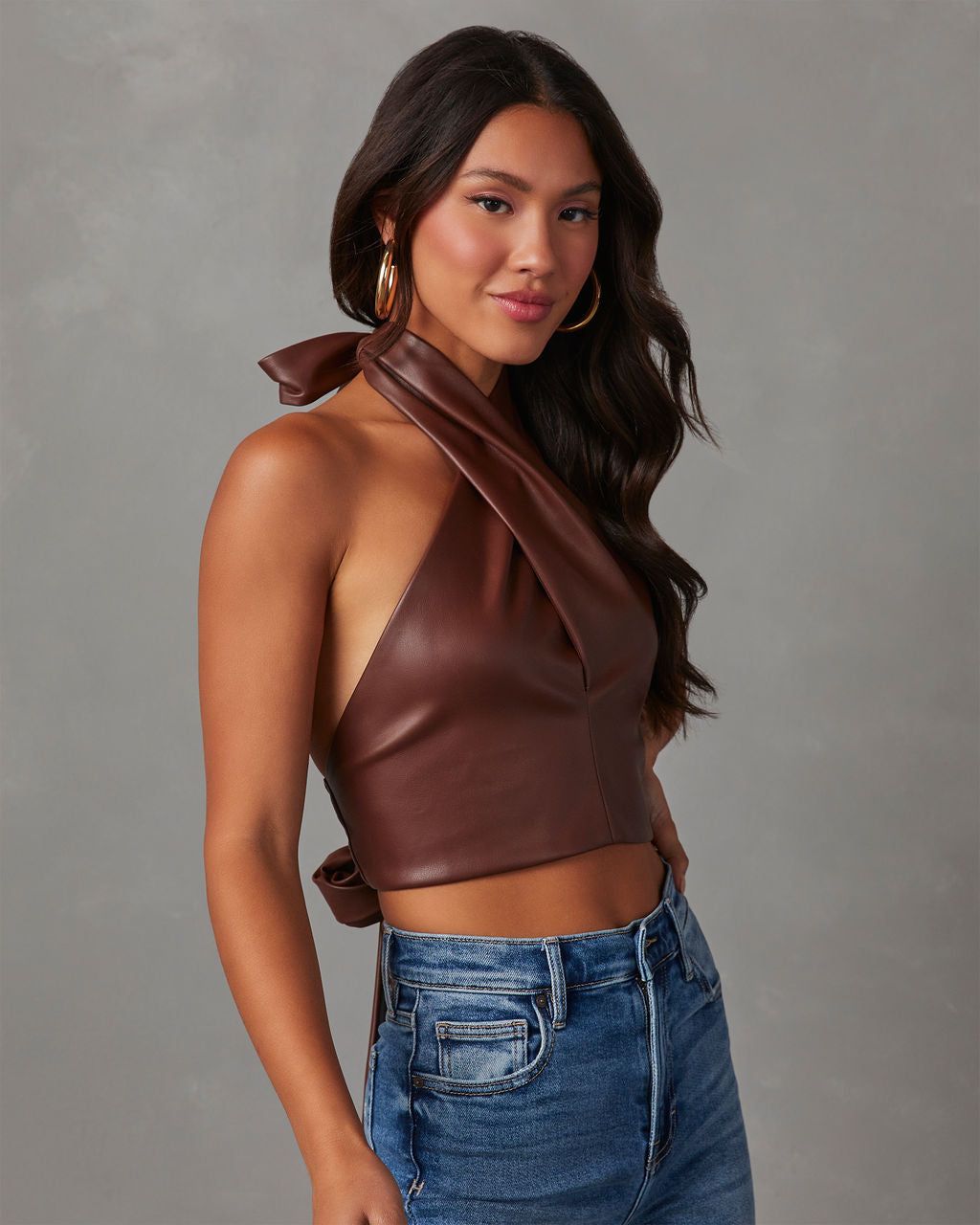 Kesha Faux Leather Halter Crop Top - Brown sold by Vici product image thumbnail 3