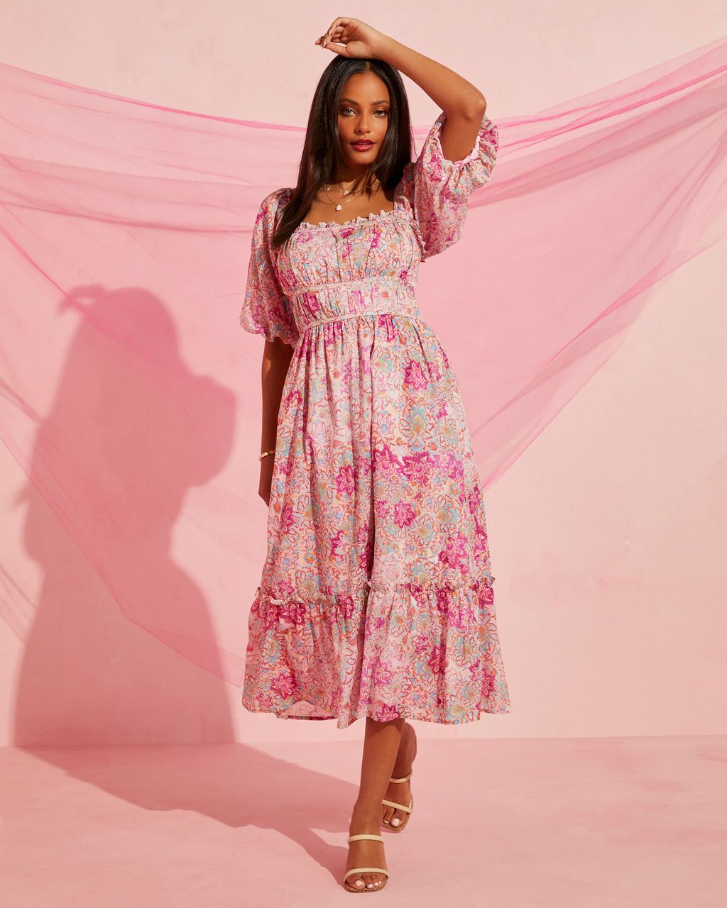 Garden Party Cotton Puff Sleeve Midi Dress sold by Vici product image thumbnail 4