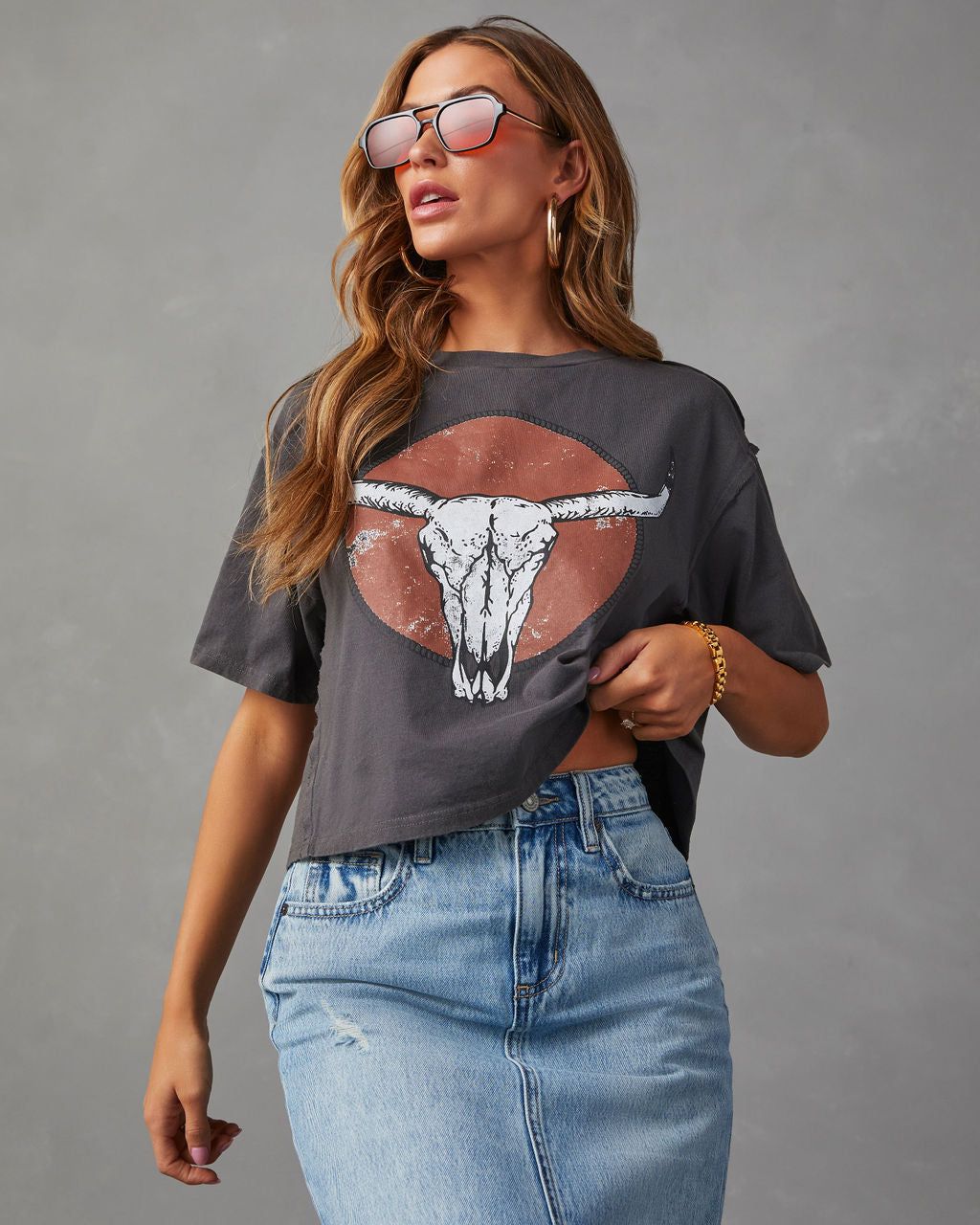 Western Cow Skull Graphic Tee - Charcoal sold by Vici product image thumbnail 2
