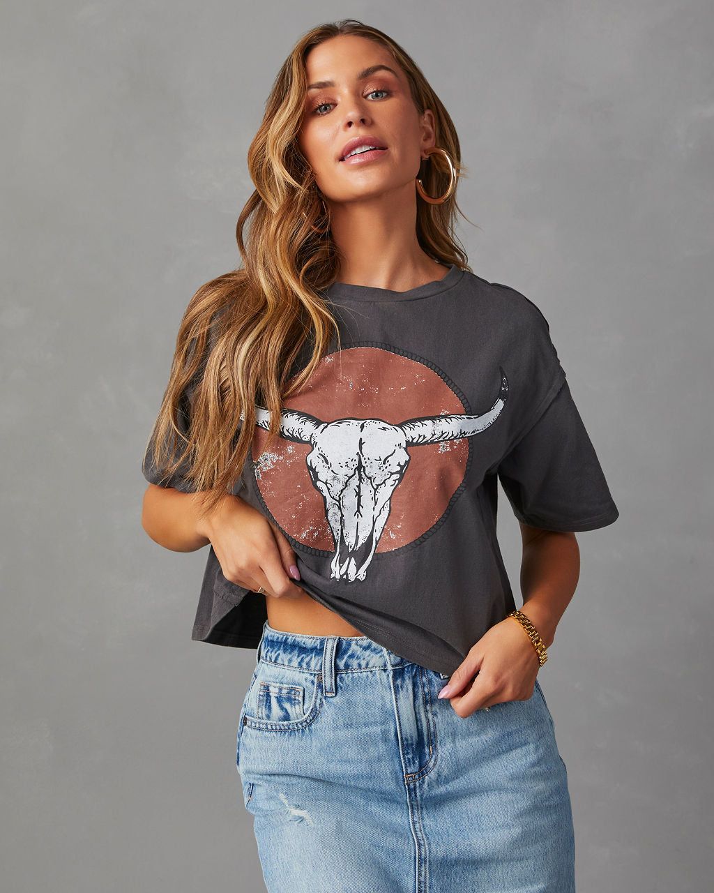 Western Cow Skull Graphic Tee - Charcoal sold by Vici product image thumbnail 5