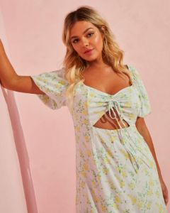 Sunset Sands Bubble Sleeve Cut Out Midi Dress sold by Vici