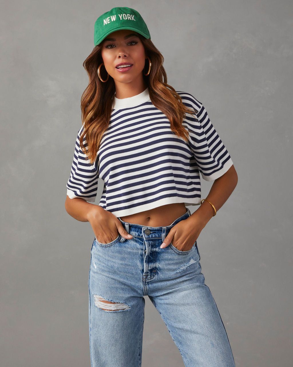 Waterford Striped Short Sleeve Crop Top - White/Navy - SALE sold by Vici