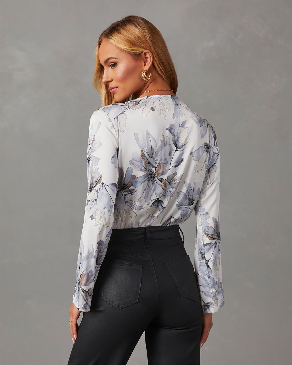 Nattie Satin Floral Long Sleeve Bodysuit - Blue/White sold by Vici product image thumbnail 4