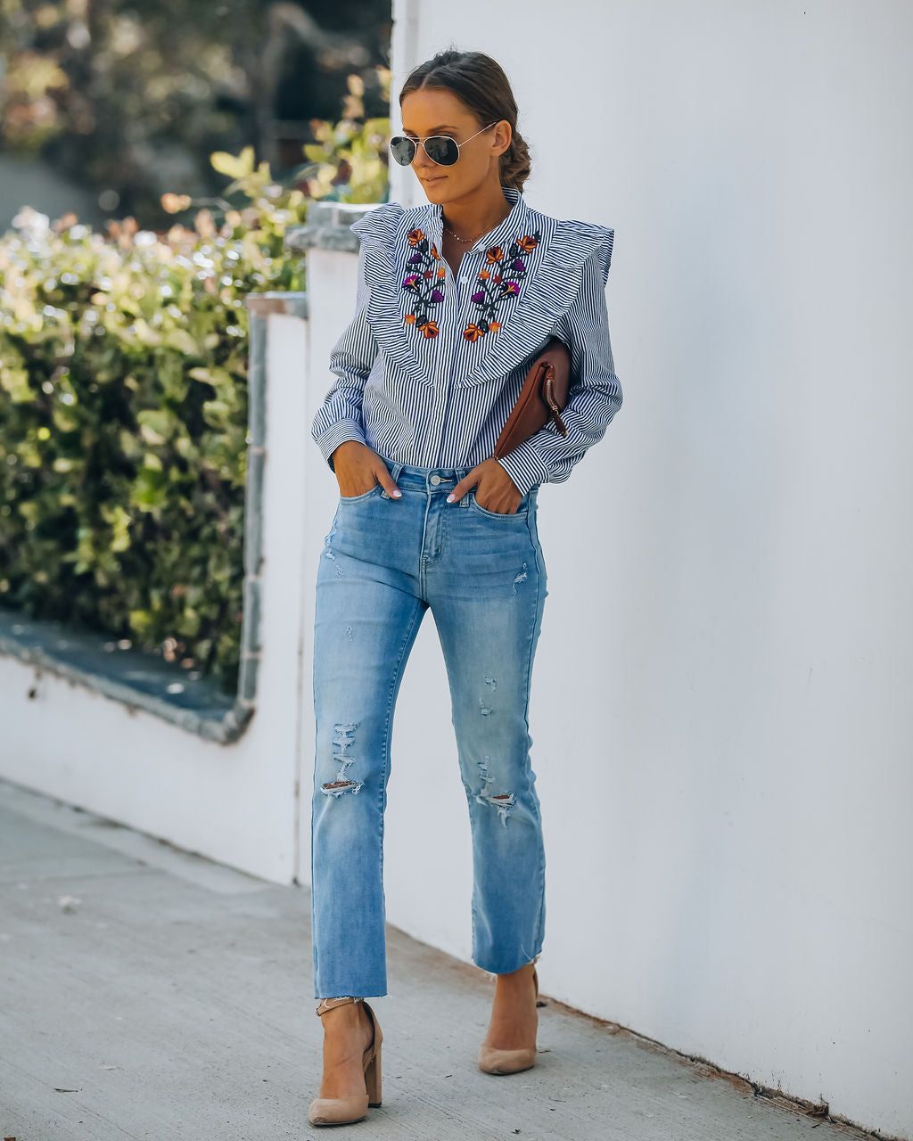 Elula Cotton Embroidered Striped Button Down Top - FINAL SALE sold by Vici product image thumbnail 6