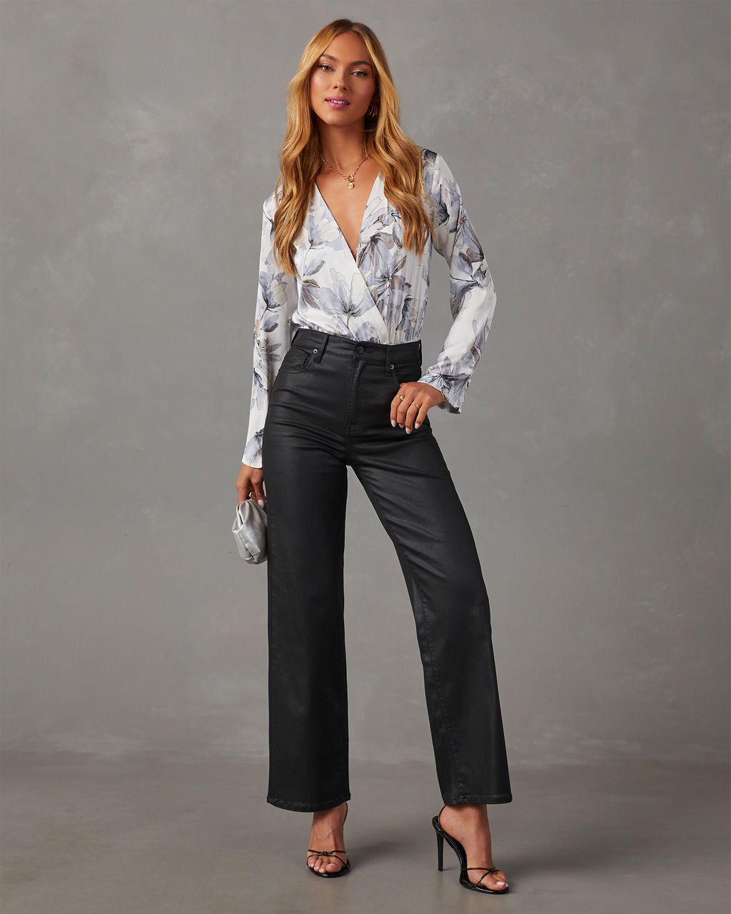 Nattie Satin Floral Long Sleeve Bodysuit - Blue/White sold by Vici