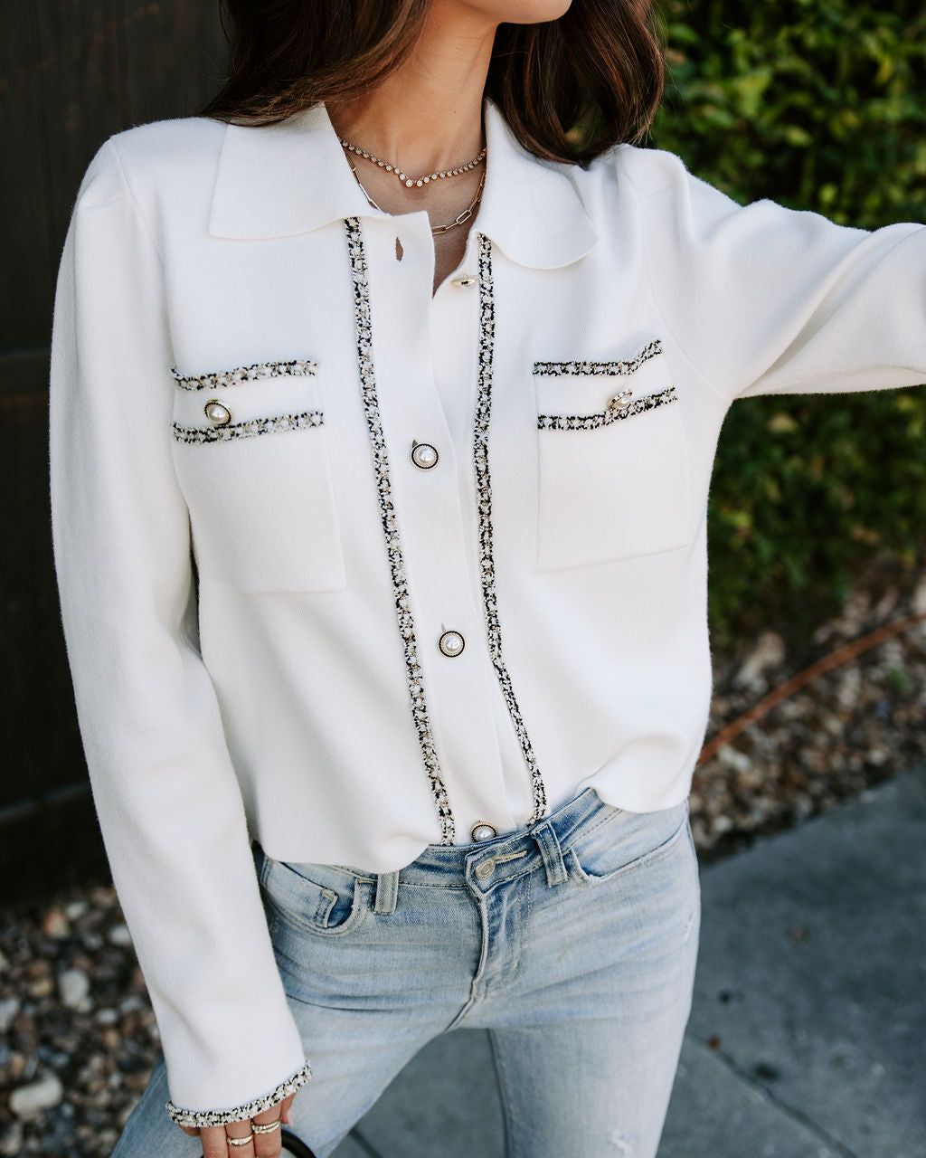 Gabrielle Knit Tweed Trim Button Front Cardigan - LAST CHANCE sold by Vici