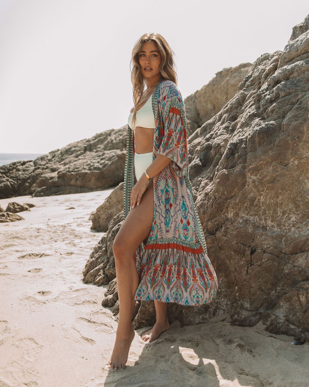 Francy Printed Duster Kimono - Grey Teal - FINAL SALE sold by Vici