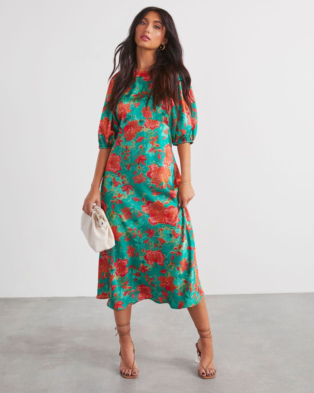 Damara Satin Floral Short Sleeve Midi Dress - Green sold by Vici