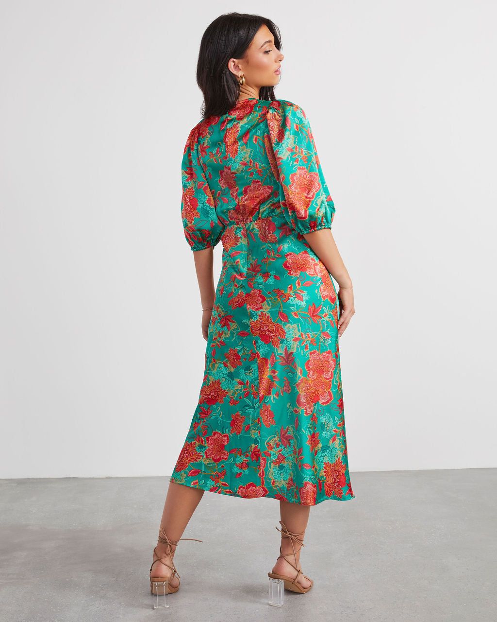 Damara Satin Floral Short Sleeve Midi Dress - Green sold by Vici product image thumbnail 4