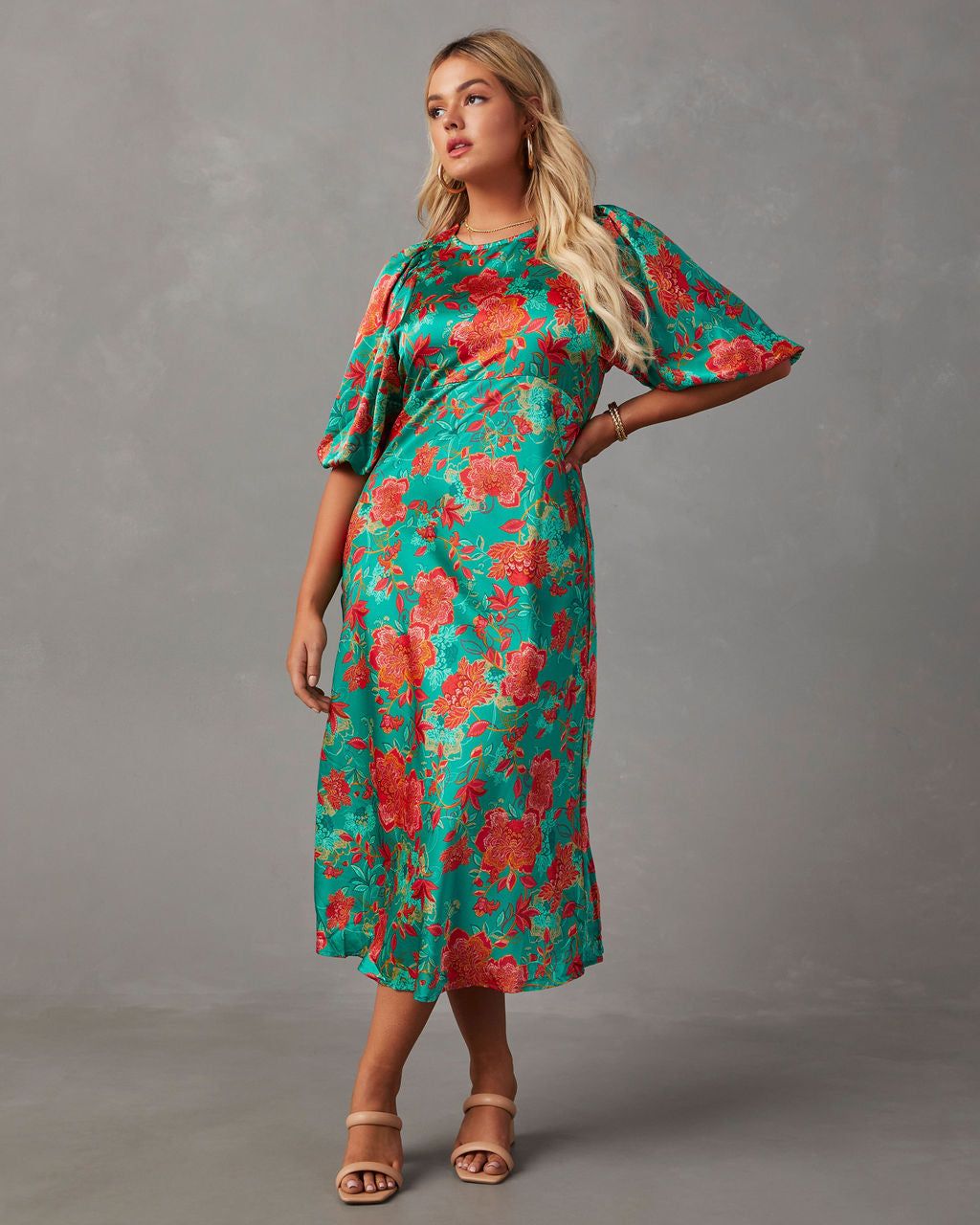 Damara Satin Floral Short Sleeve Midi Dress - Green sold by Vici product image thumbnail 2