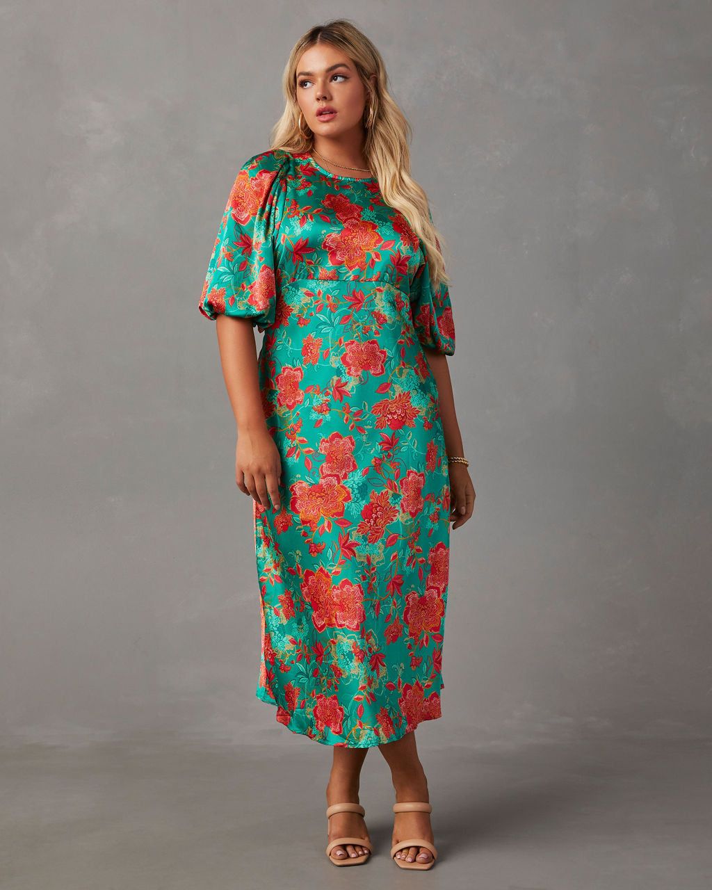 Damara Satin Floral Short Sleeve Midi Dress - Green sold by Vici product image thumbnail 6