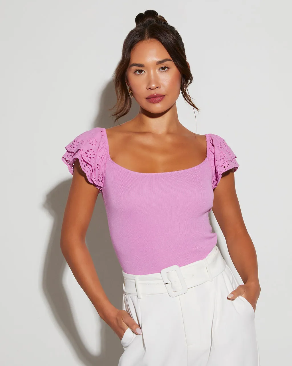 Sadie Eyelet Short Sleeve Top sold by Vici
