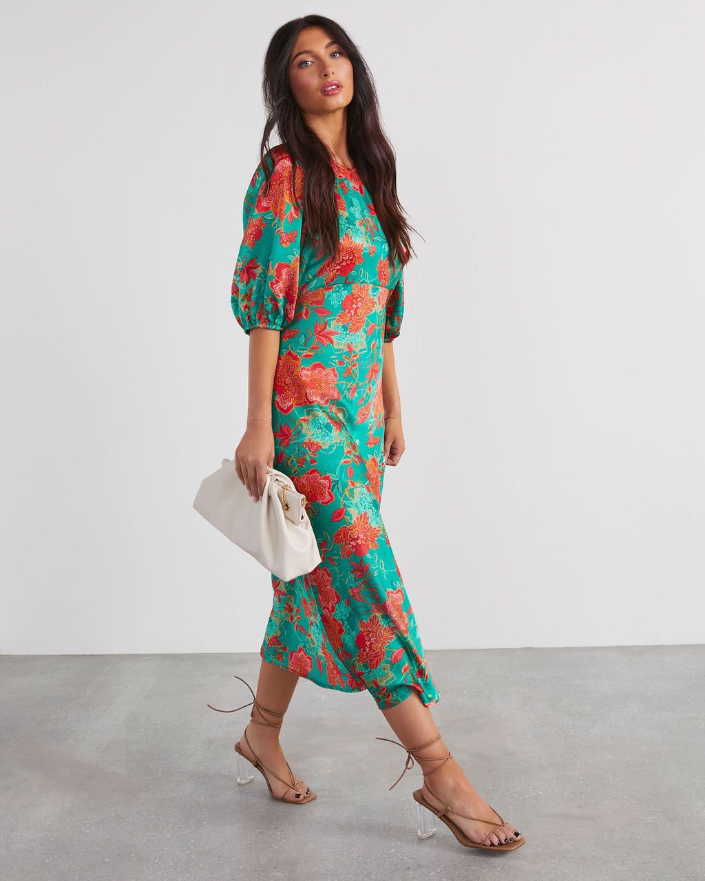 Damara Satin Floral Short Sleeve Midi Dress - Green sold by Vici product image thumbnail 3