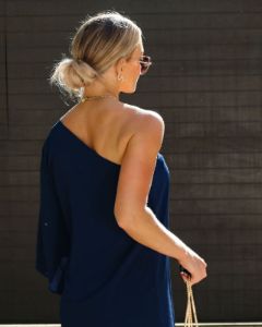 Side To Side One Shoulder Statement Dress - Navy - SALE sold by Vici