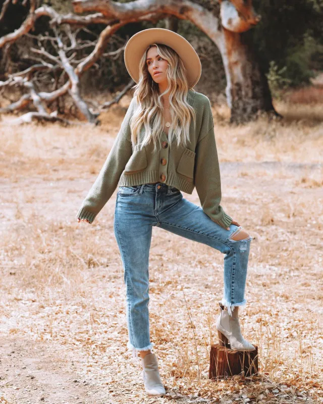 Stone Cotton Blend Pocketed Crop Cardigan - Olive - FINAL SALE sold by Vici