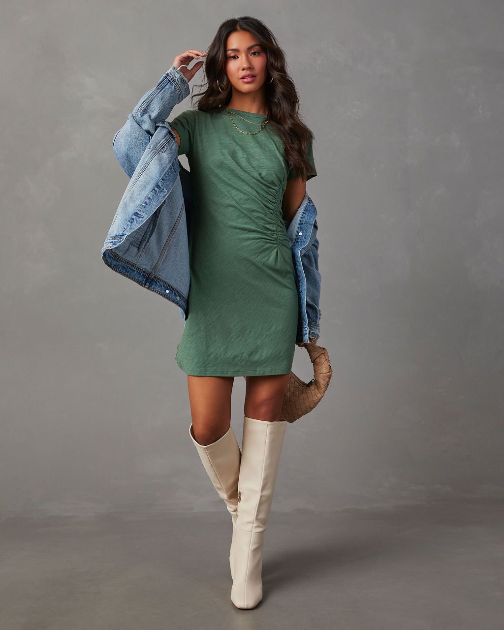 Janina Ruched Short Sleeve Mini T-Shirt Dress - Green sold by Vici product image thumbnail 2