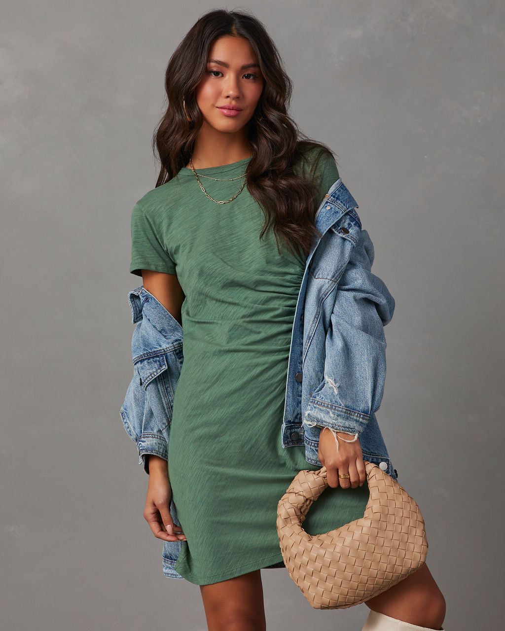 Janina Ruched Short Sleeve Mini T-Shirt Dress - Green sold by Vici product image thumbnail 5