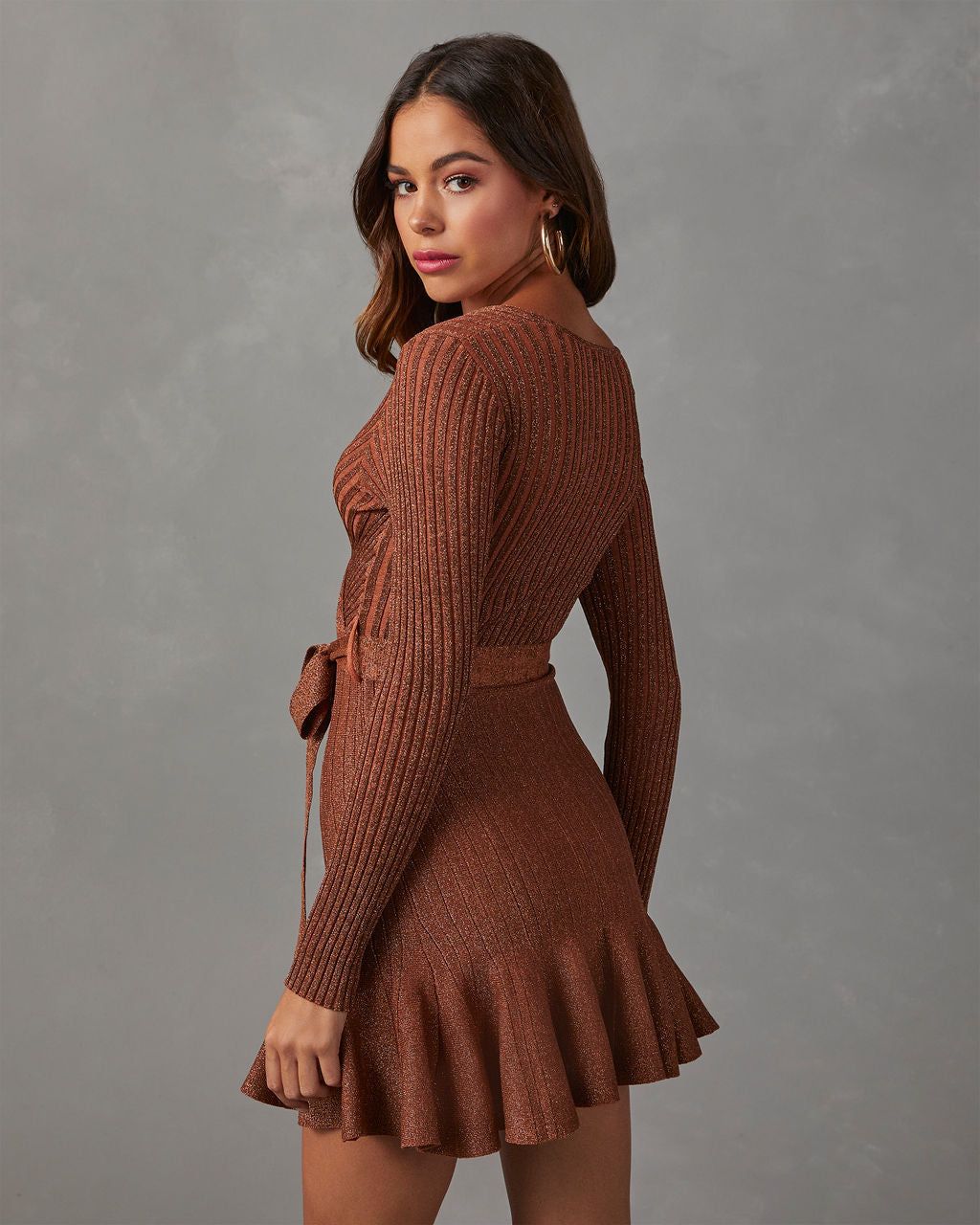Jodie Ruffle Hem Surplice Midi Sweater Dress - Terracotta sold by Vici product image thumbnail 4
