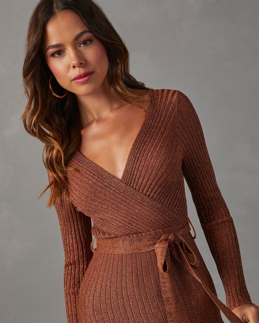 Jodie Ruffle Hem Surplice Midi Sweater Dress - Terracotta sold by Vici product image thumbnail 5
