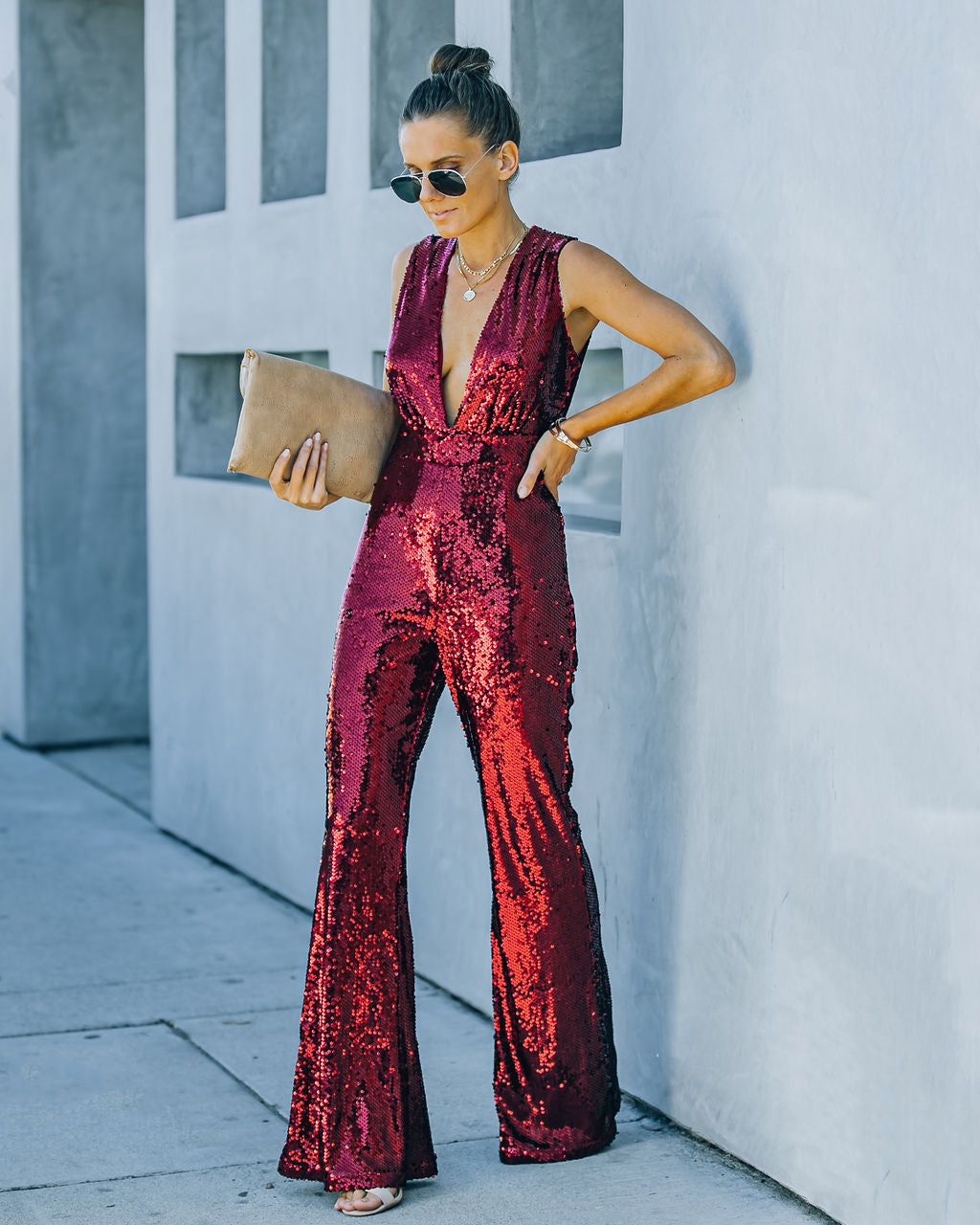 Dancing On Air Sequin Jumpsuit - Burgundy - FINAL SALE sold by Vici product image thumbnail 3