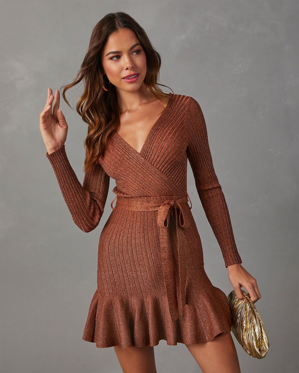 Jodie Ruffle Hem Surplice Midi Sweater Dress - Terracotta sold by Vici product image thumbnail 6