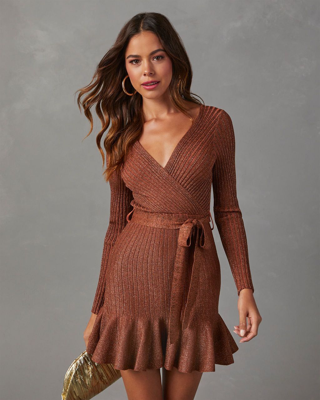 Jodie Ruffle Hem Surplice Midi Sweater Dress - Terracotta sold by Vici product image thumbnail 2