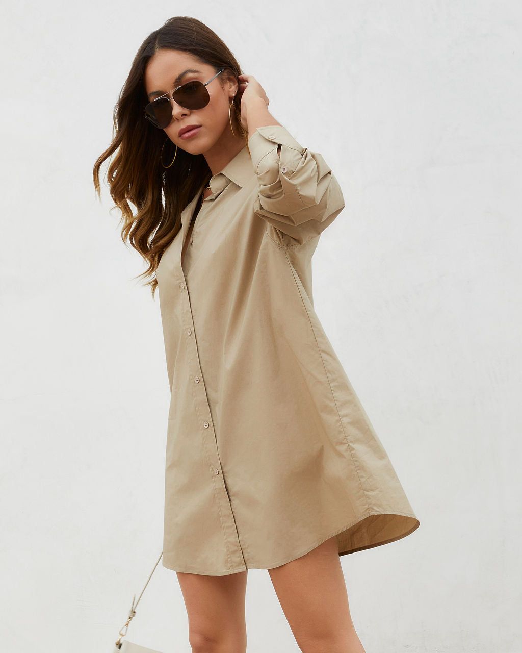 Far From Basic Cotton Button Down Shirt Dress - Taupe - SALE sold by Vici product image thumbnail 6