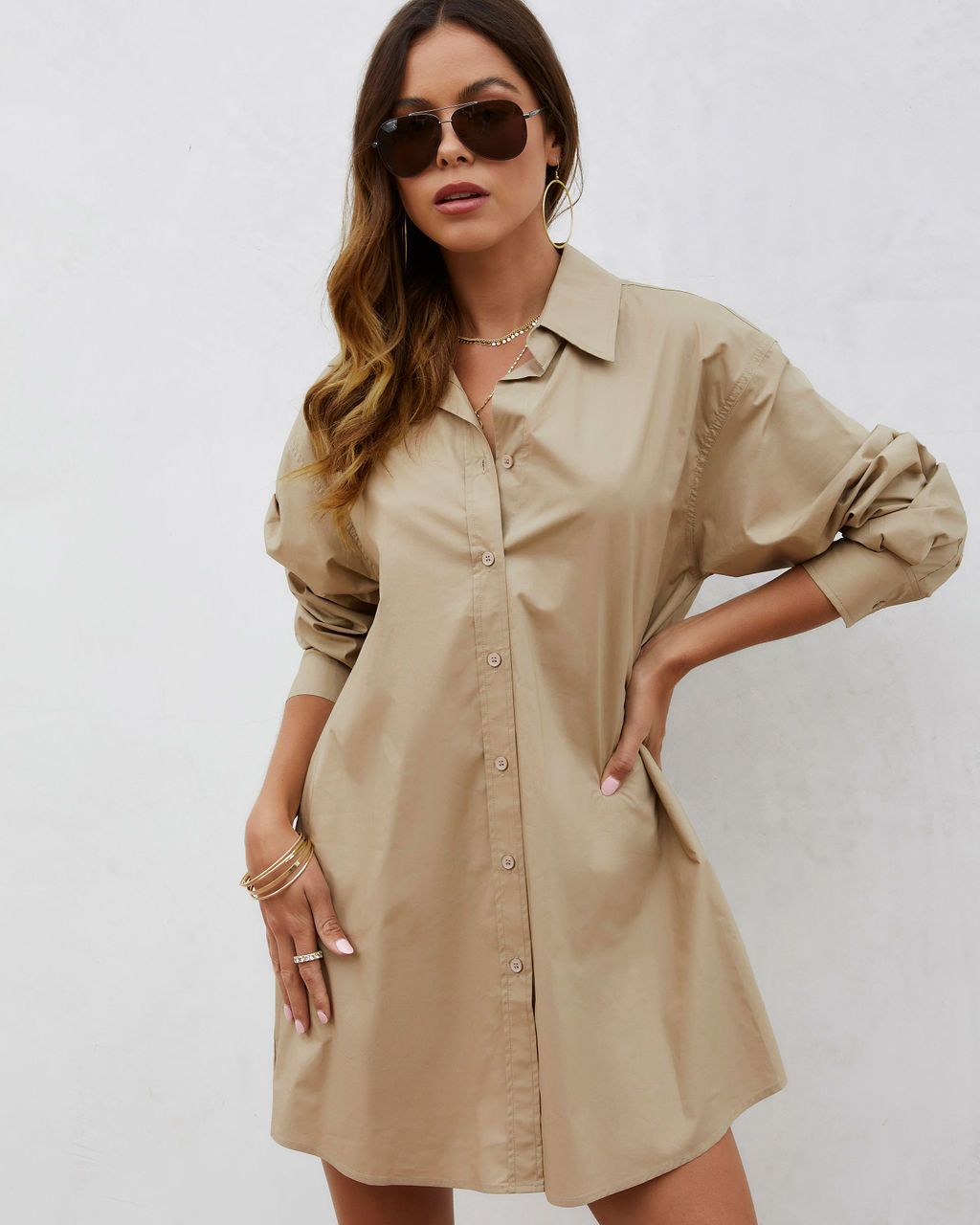 Far From Basic Cotton Button Down Shirt Dress - Taupe - SALE sold by Vici