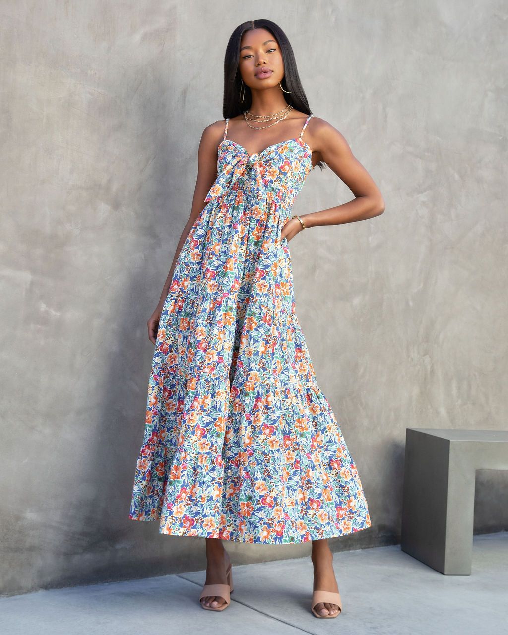 Bethany Floral Front Tie Tiered Maxi Dress sold by Vici
