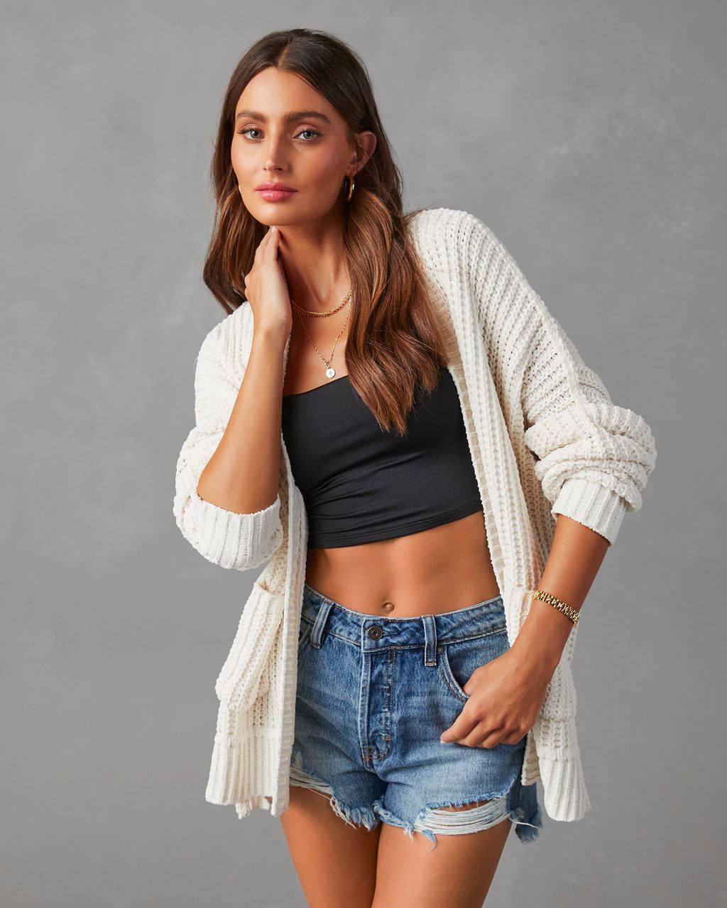 Kudos Pocketed Chenille Knit Cardigan - Ivory - SALE sold by Vici product image thumbnail 2